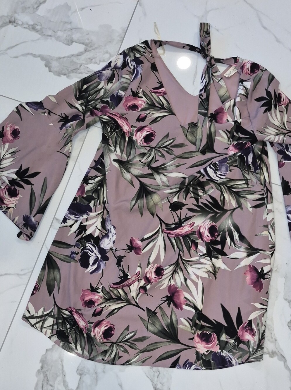 Boho Peach Love California Mauve Floral V-Neck Bell Sleeve Tunic Nwot